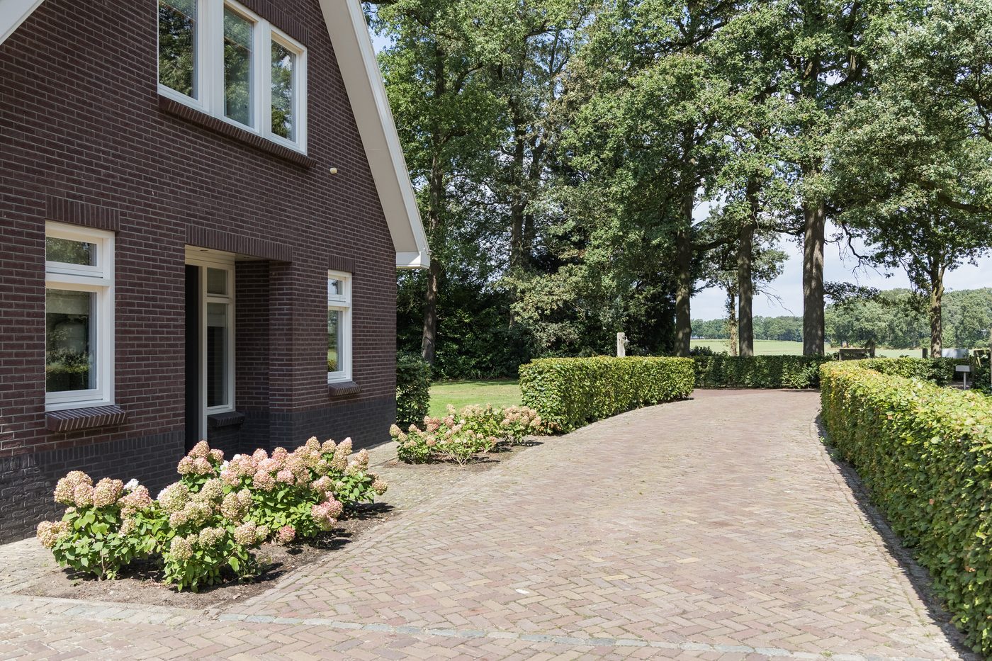 De gevel met knipvoeg langs de oprit van gebakken klinkers