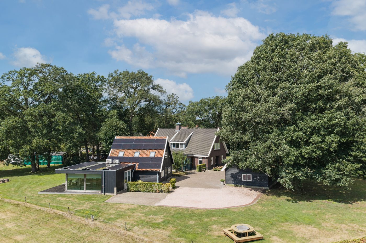 Het erf in vogelvlucht, met het kantoorgebouw, het landhuis en de kapschuren tussen de bomen